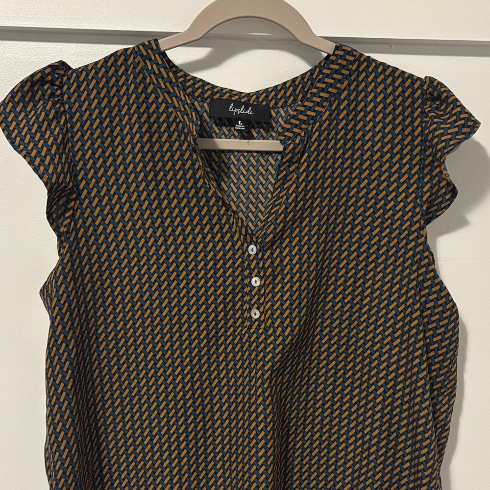Stylish Women's Blouse with Black, Teal and Gold Pattern with Flutter Sleeves